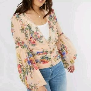 Gimmicks Romantic Floral Chiffon Pleated Boho Victorian Button Front Peasant Top